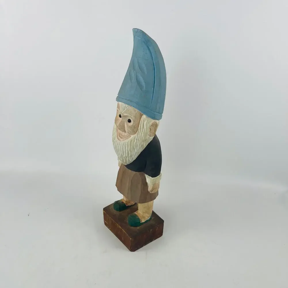 Hand-Carved Wooden Gnome Tall Blue Hat White Beard 12 1/2’